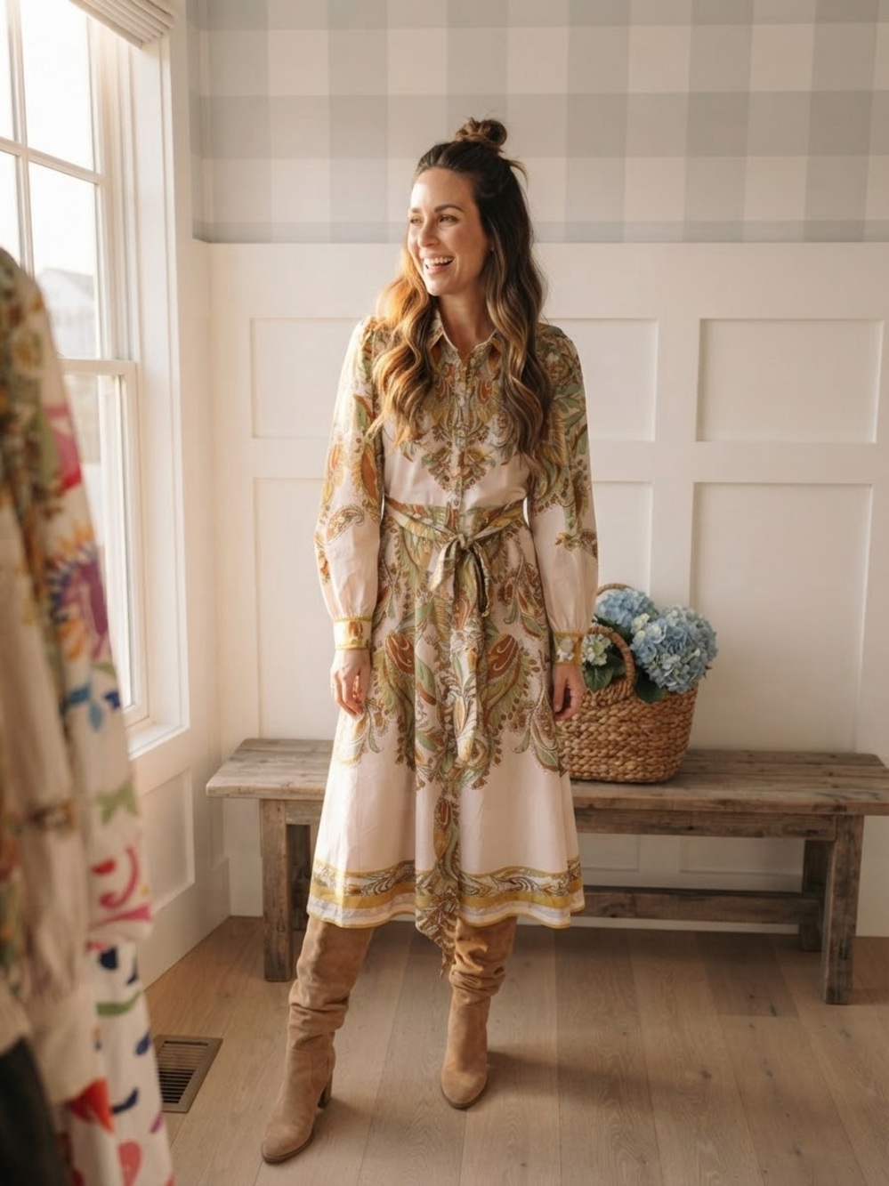 Flying Tomato Cream Paisley Midi Shirt Dress with Green and Gold Motif Large